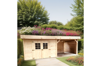 Abri Kemper avec terrasse, Epicéa Madriers 28mm, 5.75 x 3.00m, 17.25m²