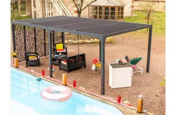 Pergola bioclimatique  avec 5 panneaux moucharabieh coloris gris pour côté 3,60 m, Aluminium gris anthracite, 3.60 x 6.00 m, 21.5m²