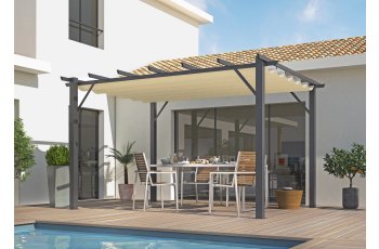 Pergola Bioclimatique, aluminium Gris anthracite Poteaux 10x10 cm, Toile couleur écru, 4.0 x 3.0 m, 12m²