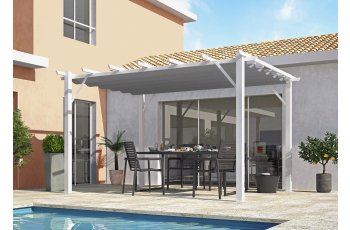 Pergola Bioclimatique, aluminium blanc Poteaux 10x10 cm, Toile couleur gris, 4.0 x 3.0 m, 12m²